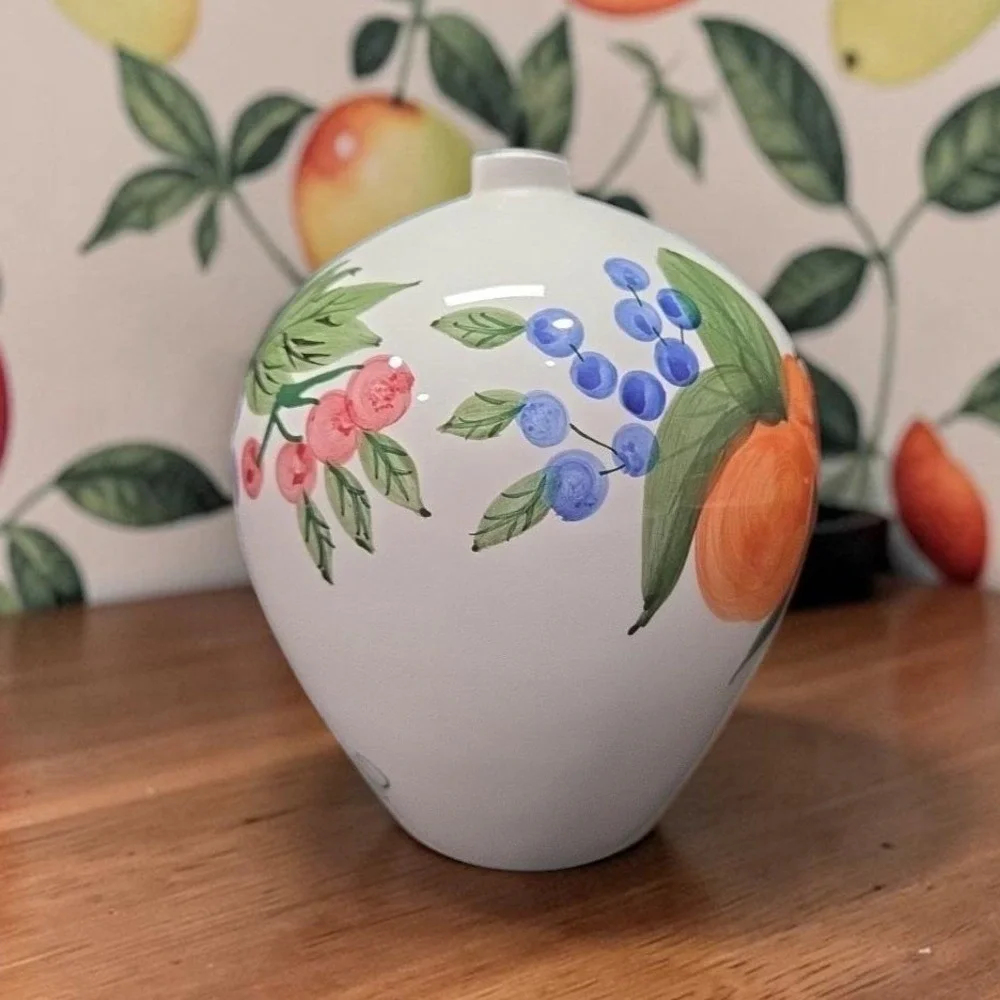 Fruit Themed Bud Vase, Vintage Hand Painted‎ Ceramic Flower Holder, Centerpiece